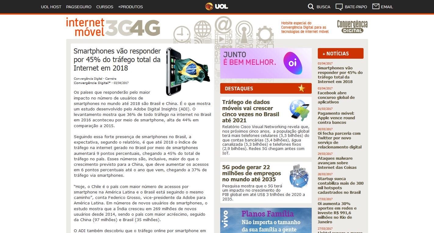 Quase metade do tráfego de internet no Brasil em 2018 será por smartphones Quase metade do tráfego de internet no Brasil em 2018 será por smartphones
